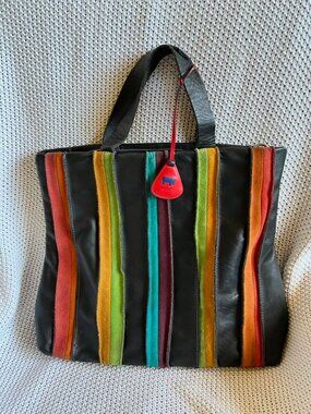 Mywalit Italian Leather Tote Bag Black Rainbow Suede Stripe Zip Top